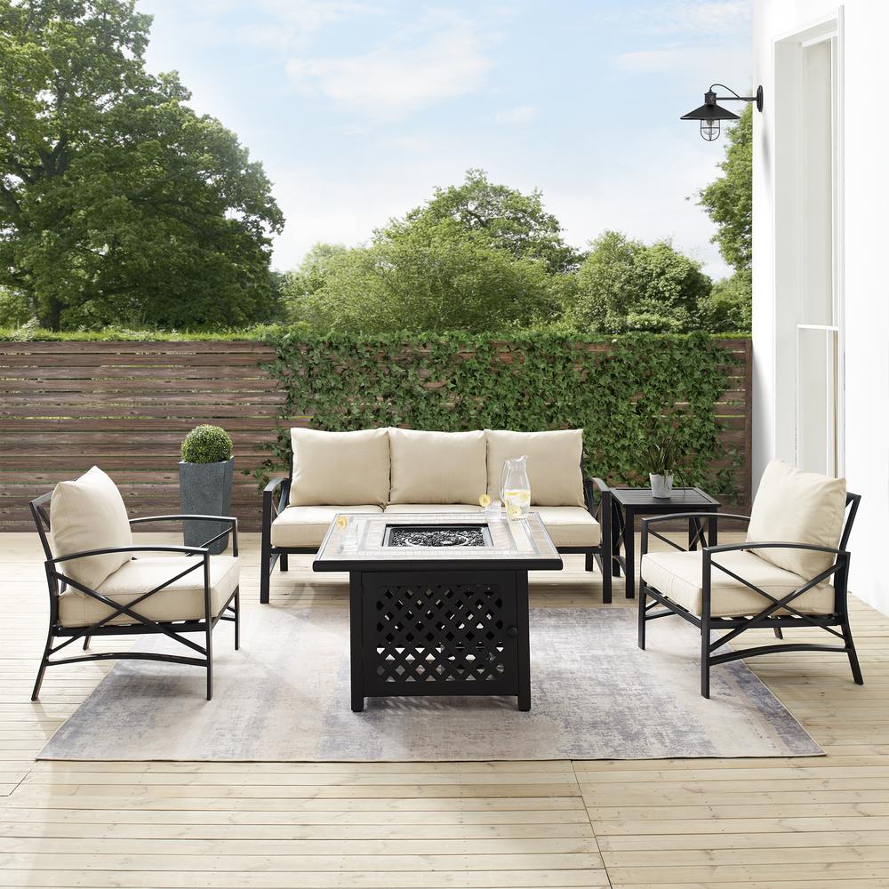 Kaplan 5Pc Outdoor Metal Sofa Set W/Fire Table Oatmeal/Oil Rubbed Bronze - Sofa, Side Table, Tucson Fire Table, & 2 Chairs. Picture 5