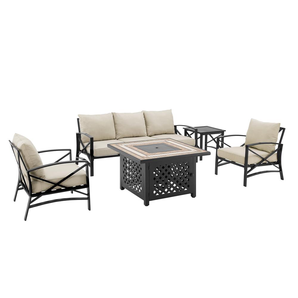 Kaplan 5Pc Outdoor Metal Sofa Set W/Fire Table Oatmeal/Oil Rubbed Bronze - Sofa, Side Table, Tucson Fire Table, & 2 Chairs. Picture 1
