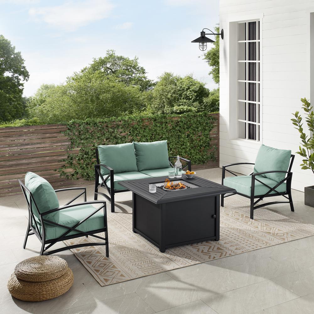 Kaplan 4Pc Outdoor Metal Conversation Set W/Fire Table Mist/Oil Rubbed Bronze - Loveseat, Dante Fire Table, & 2 Arm Chairs. Picture 1