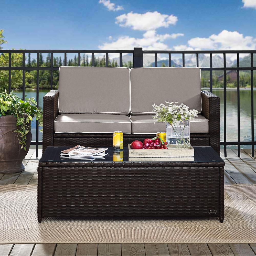 Palm Harbor 2Pc Outdoor Wicker Chat Set Gray/Brown - Loveseat, Glass Top Table. Picture 3