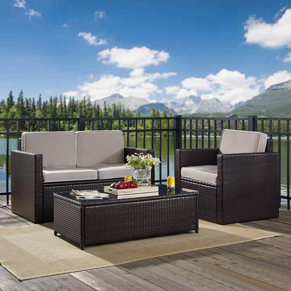 Palm Harbor 3Pc Outdoor Wicker Conversation Set Gray/Brown - Loveseat, Chair, Glass Top Table. Picture 2