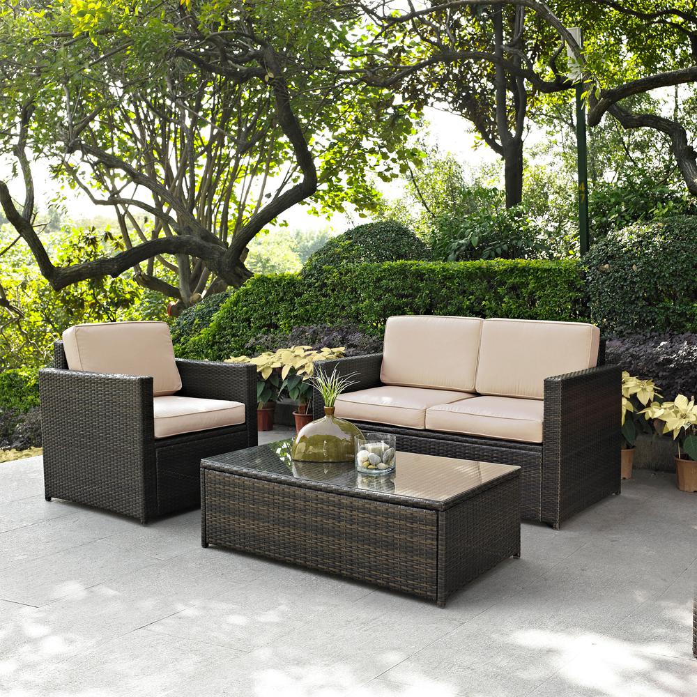 Palm Harbor 3Pc Outdoor Wicker Conversation Set Sand/Brown - Loveseat, Chair, & Coffee Table. Picture 4