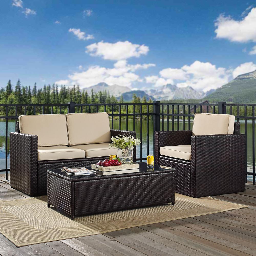 Palm Harbor 3Pc Outdoor Wicker Conversation Set Sand/Brown - Loveseat, Chair, & Coffee Table. Picture 1