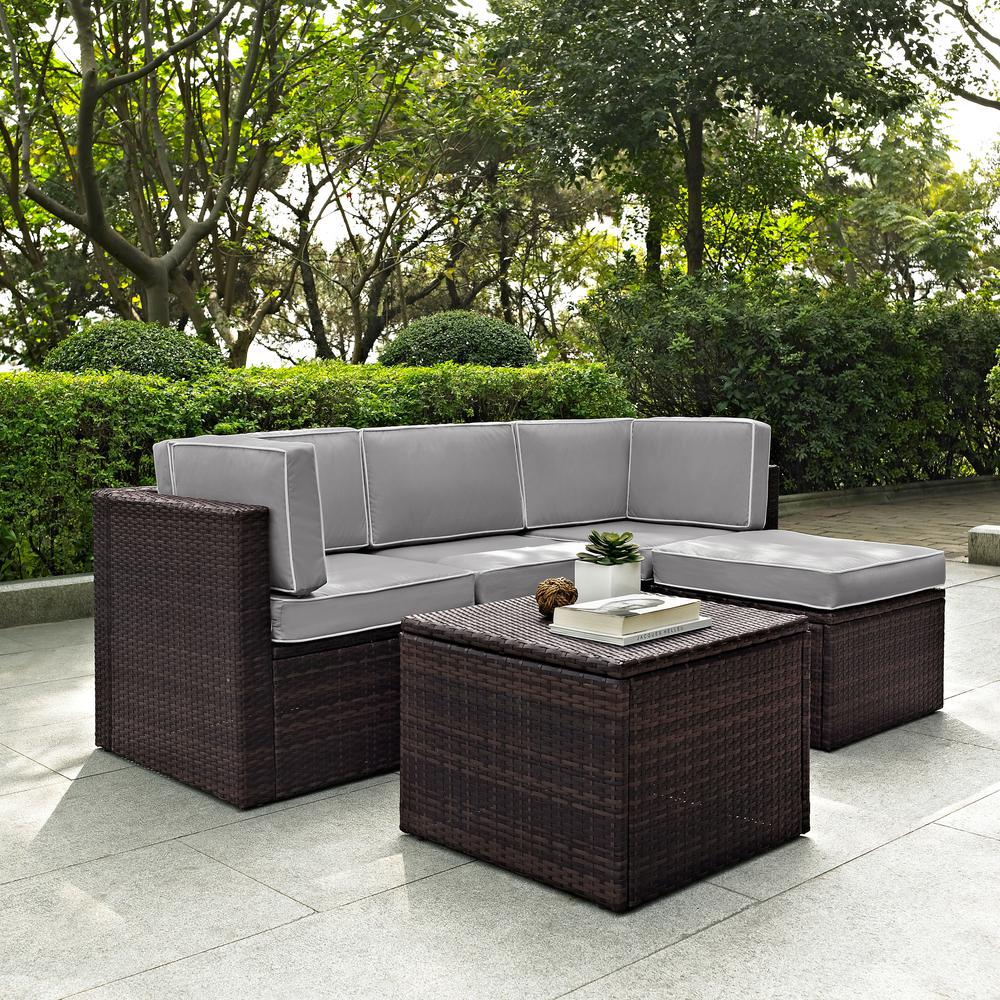 Palm Harbor 5Pc Outdoor Wicker Sectional Set Gray/Brown - Center Chair, Ottoman, Coffee Sectional Table, & 2 Corner Chairs. Picture 2
