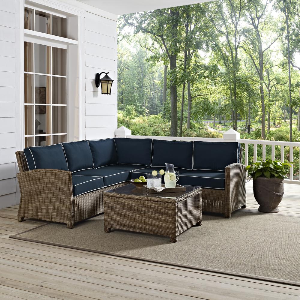 Bradenton 4Pc Outdoor Wicker Sectional Set Navy/Weathered Brown - Right Corner Loveseat, Left Corner Loveseat, Corner Chair, Sectional Glass Top Coffee Table. Picture 22