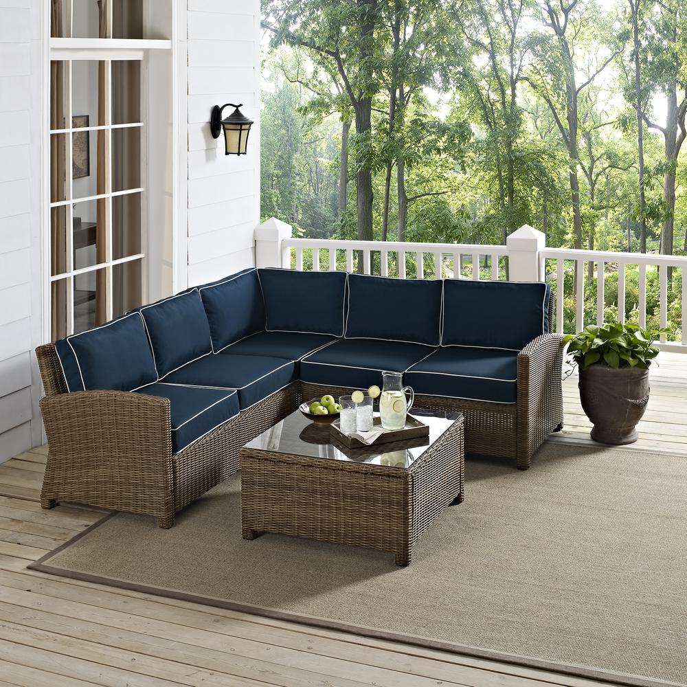 Bradenton 4Pc Outdoor Wicker Sectional Set Navy/Weathered Brown - Right Corner Loveseat, Left Corner Loveseat, Corner Chair, Sectional Glass Top Coffee Table. Picture 23