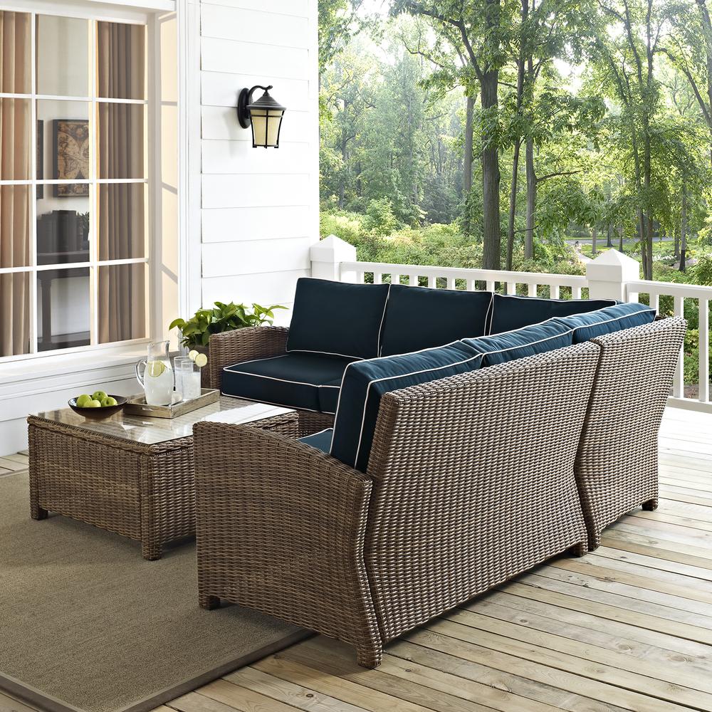 Bradenton 4Pc Outdoor Wicker Sectional Set Navy/Weathered Brown - Right Corner Loveseat, Left Corner Loveseat, Corner Chair, Sectional Glass Top Coffee Table. Picture 24