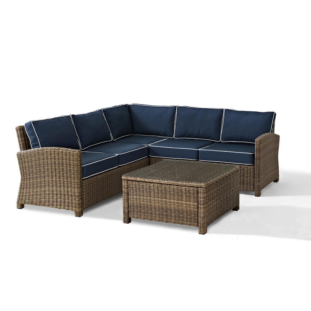 Bradenton 4Pc Outdoor Wicker Sectional Set Navy/Weathered Brown - Right Corner Loveseat, Left Corner Loveseat, Corner Chair, Sectional Glass Top Coffee Table. Picture 1
