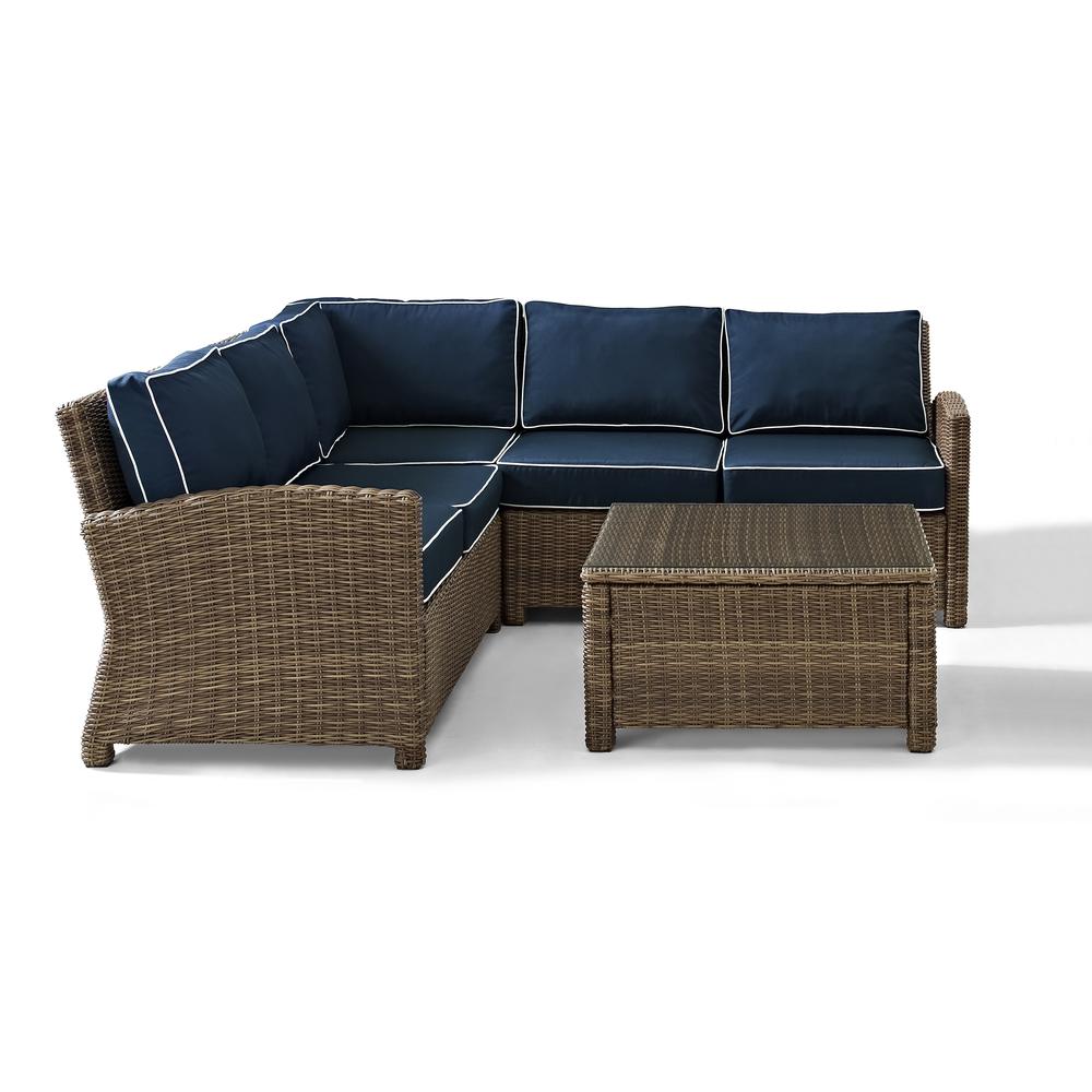 Bradenton 4Pc Outdoor Wicker Sectional Set Navy/Weathered Brown - Right Corner Loveseat, Left Corner Loveseat, Corner Chair, Sectional Glass Top Coffee Table. Picture 25