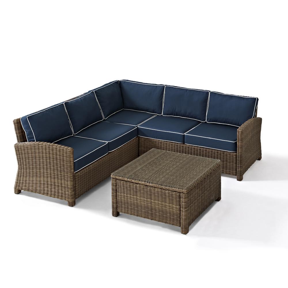 Bradenton 4Pc Outdoor Wicker Sectional Set Navy/Weathered Brown - Right Corner Loveseat, Left Corner Loveseat, Corner Chair, Sectional Glass Top Coffee Table. Picture 26