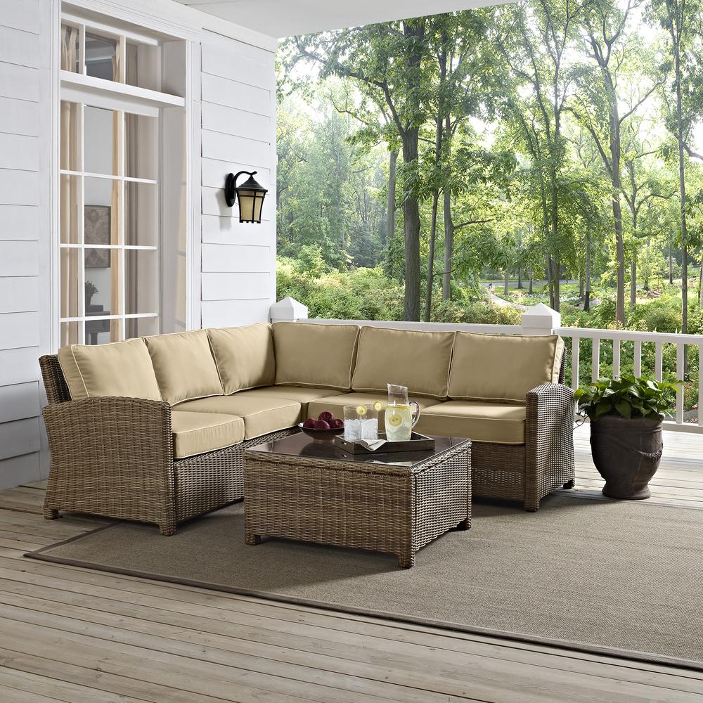 Bradenton 4Pc Outdoor Wicker Sectional Set Sand/Weathered Brown - Right Corner Loveseat, Left Corner Loveseat, Corner Chair, Sectional Glass Top Coffee Table. Picture 23