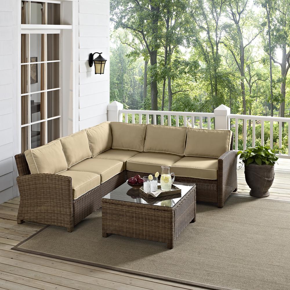 Bradenton 4Pc Outdoor Wicker Sectional Set Sand/Weathered Brown - Right Corner Loveseat, Left Corner Loveseat, Corner Chair, Sectional Glass Top Coffee Table. Picture 24