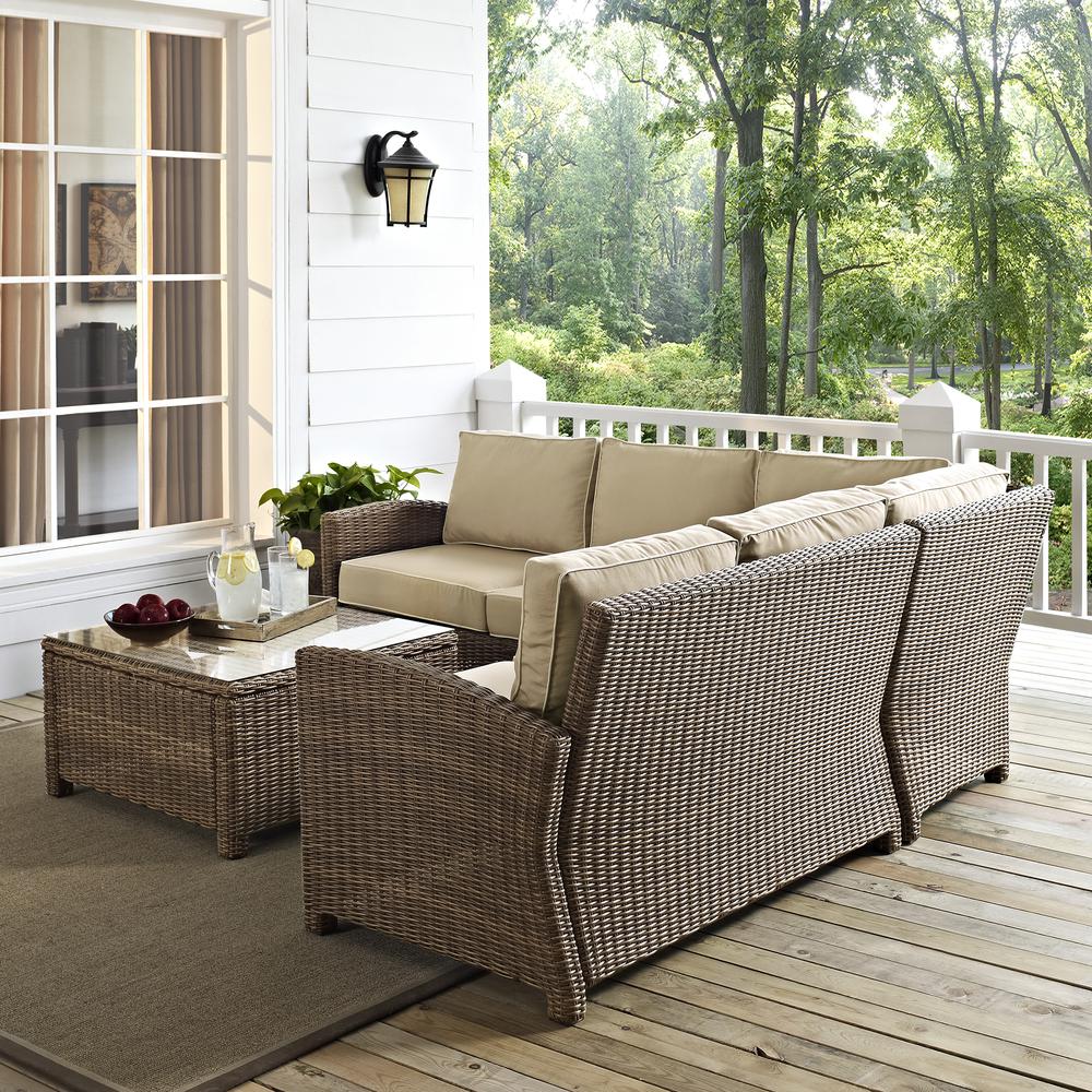 Bradenton 4Pc Outdoor Wicker Sectional Set Sand/Weathered Brown - Right Corner Loveseat, Left Corner Loveseat, Corner Chair, Sectional Glass Top Coffee Table. Picture 25