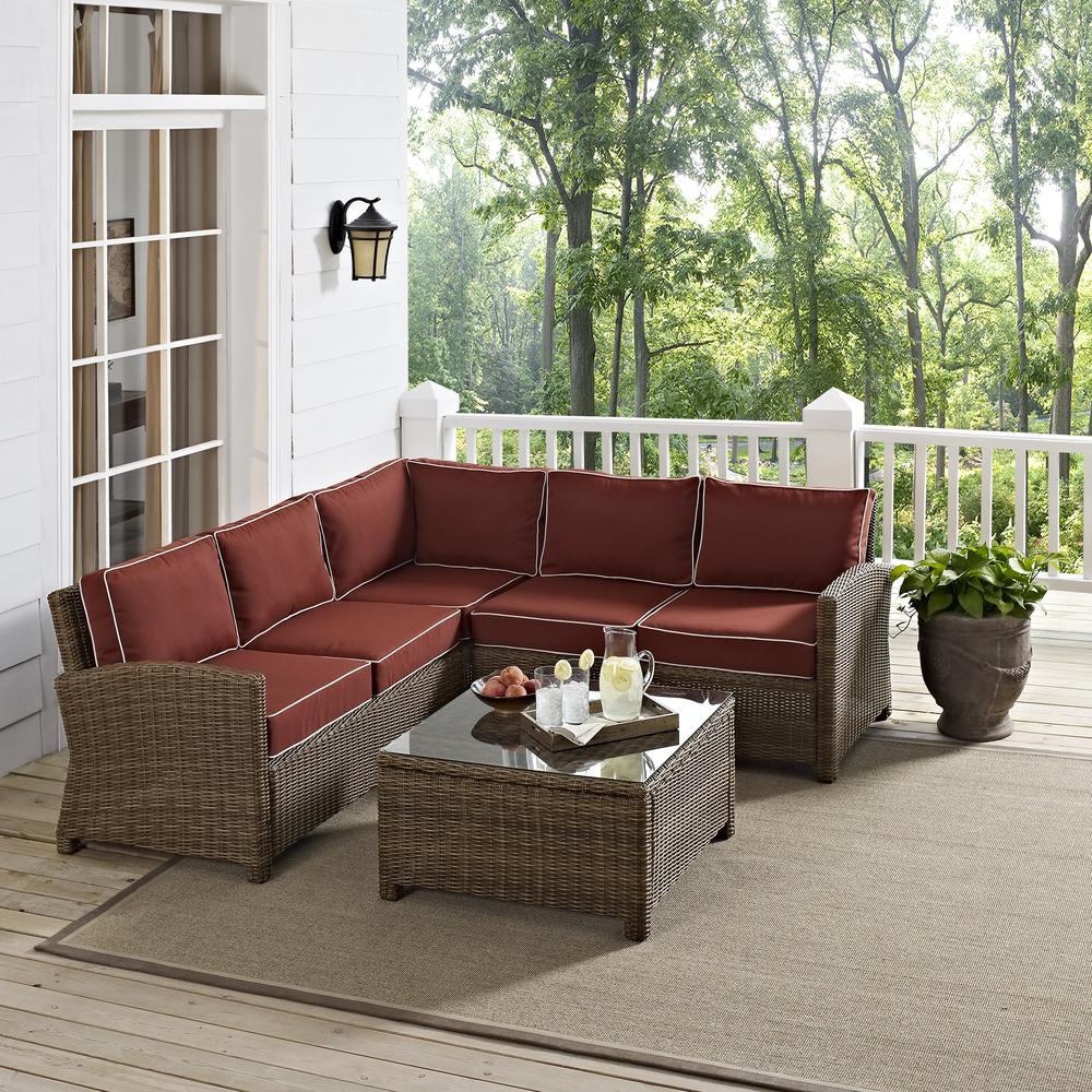 Bradenton 4Pc Outdoor Wicker Sectional Set Sangria/Weathered Brown - Right Corner Loveseat, Left Corner Loveseat, Corner Chair, Sectional Glass Top Coffee Table. Picture 23