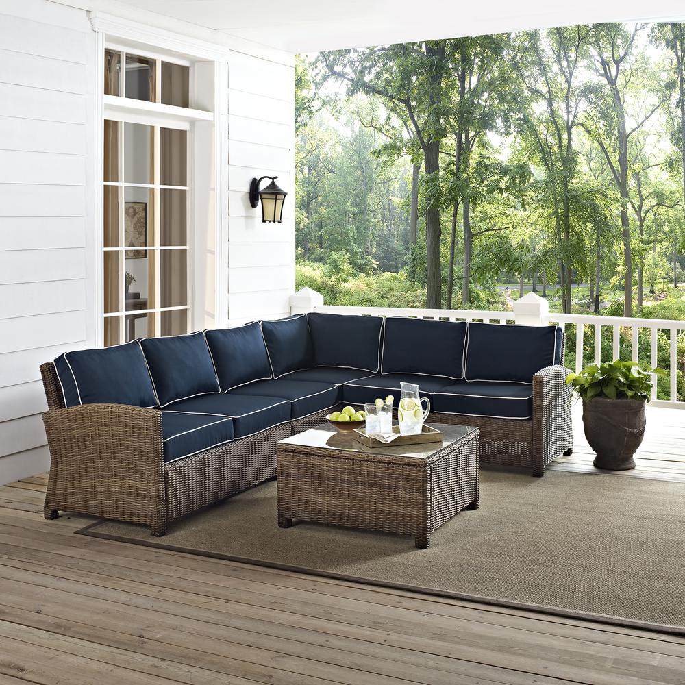 Bradenton 5Pc Outdoor Wicker Sectional Set Navy/Weathered Brown - Right Side Loveseat, Left Side Loveseat, Corner Chair, Center Chair, Sectional Glass Top Coffee Table. Picture 25