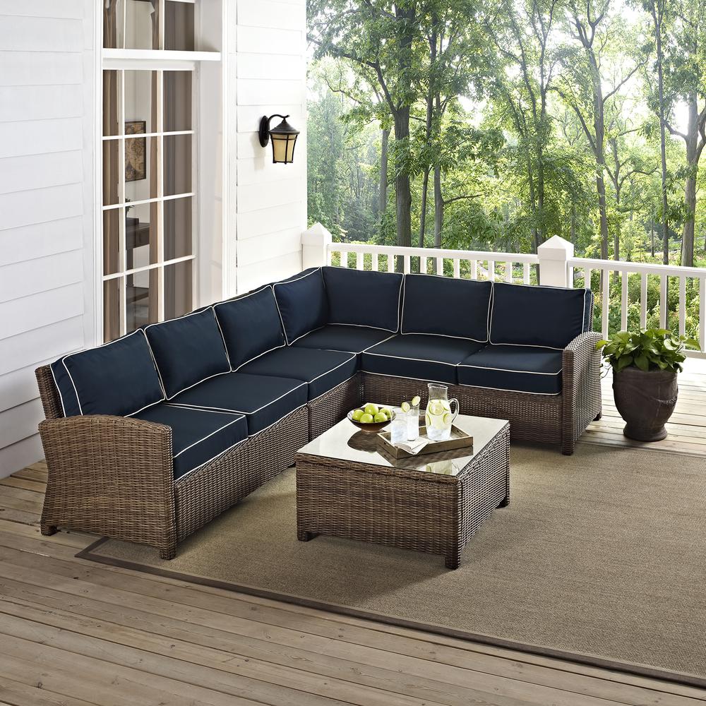 Bradenton 5Pc Outdoor Wicker Sectional Set Navy/Weathered Brown - Right Side Loveseat, Left Side Loveseat, Corner Chair, Center Chair, Sectional Glass Top Coffee Table. Picture 26