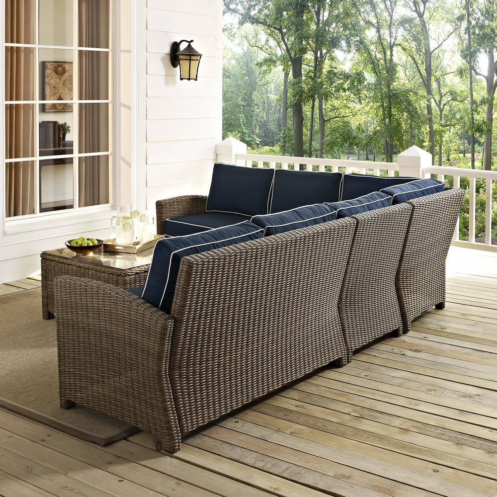 Bradenton 5Pc Outdoor Wicker Sectional Set Navy/Weathered Brown - Right Side Loveseat, Left Side Loveseat, Corner Chair, Center Chair, Sectional Glass Top Coffee Table. Picture 27