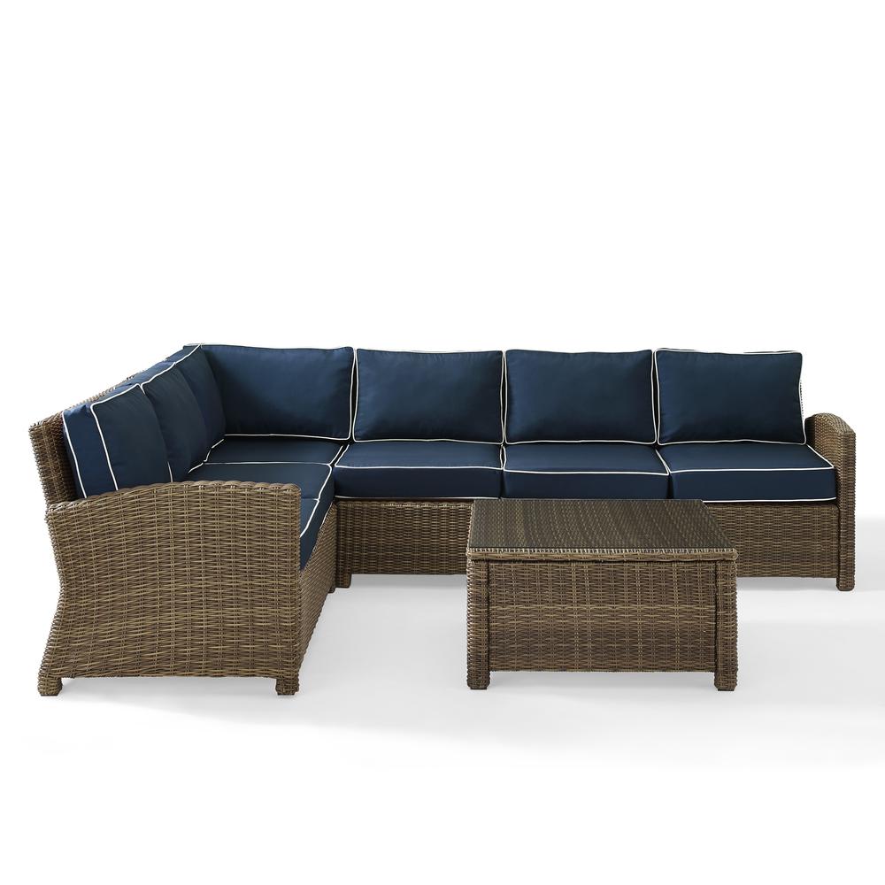 Bradenton 5Pc Outdoor Wicker Sectional Set Navy/Weathered Brown - Right Side Loveseat, Left Side Loveseat, Corner Chair, Center Chair, Sectional Glass Top Coffee Table. Picture 28