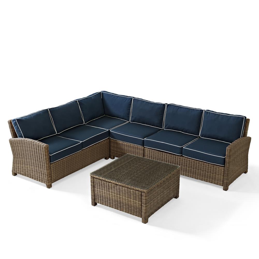 Bradenton 5Pc Outdoor Wicker Sectional Set Navy/Weathered Brown - Right Side Loveseat, Left Side Loveseat, Corner Chair, Center Chair, Sectional Glass Top Coffee Table. Picture 29