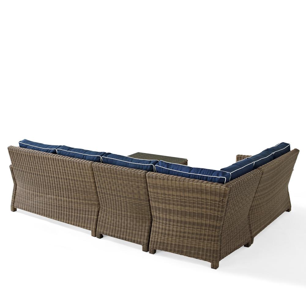 Bradenton 5Pc Outdoor Wicker Sectional Set Navy/Weathered Brown - Right Side Loveseat, Left Side Loveseat, Corner Chair, Center Chair, Sectional Glass Top Coffee Table. Picture 30