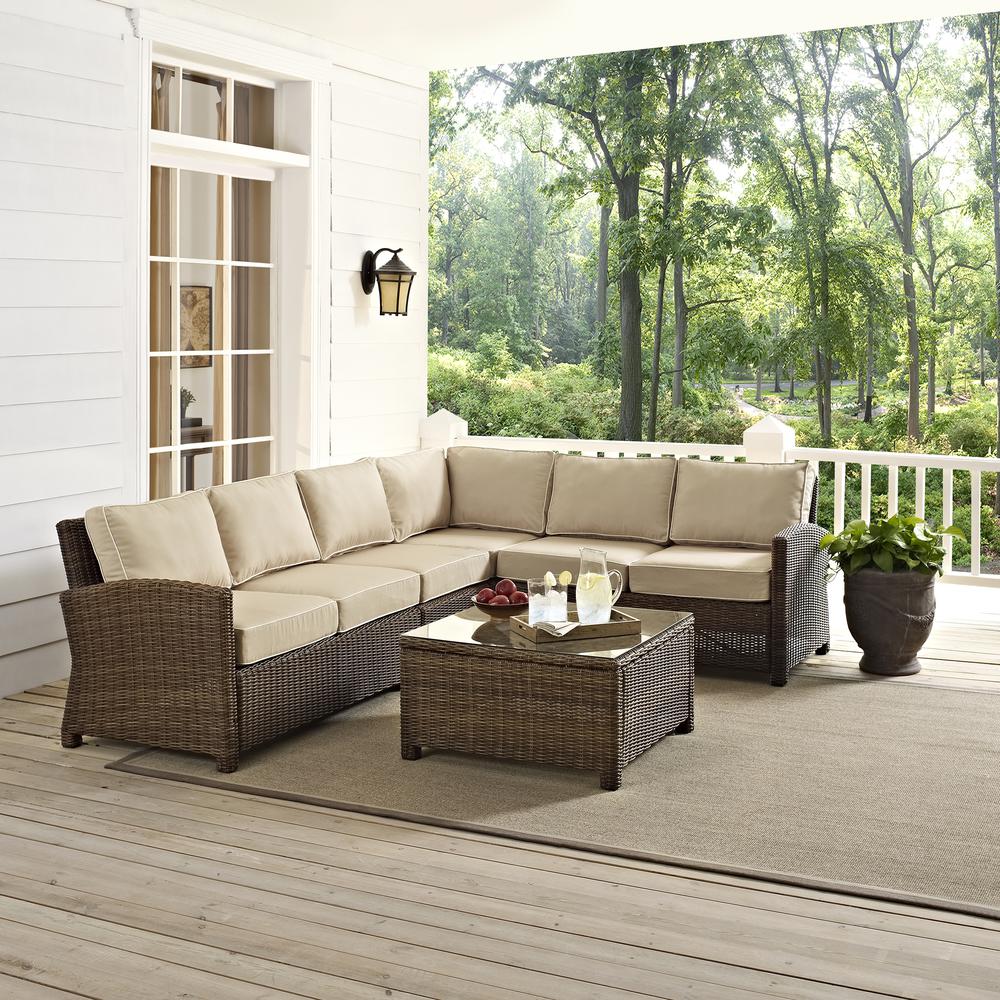 Bradenton 5Pc Outdoor Wicker Sectional Set Sand/Weathered Brown - Right Side Loveseat, Left Side Loveseat, Corner Chair, Center Chair, Sectional Glass Top Coffee Table. Picture 25