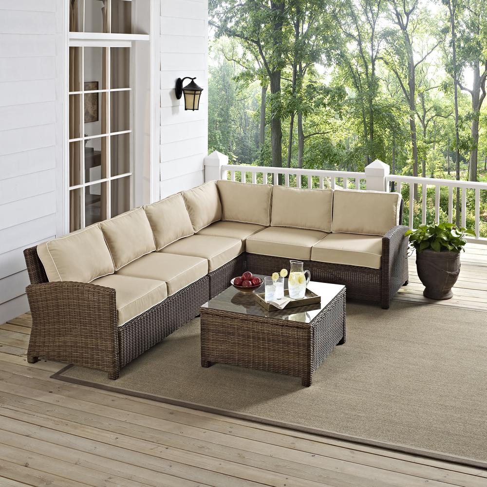 Bradenton 5Pc Outdoor Wicker Sectional Set Sand/Weathered Brown - Right Side Loveseat, Left Side Loveseat, Corner Chair, Center Chair, Sectional Glass Top Coffee Table. Picture 26
