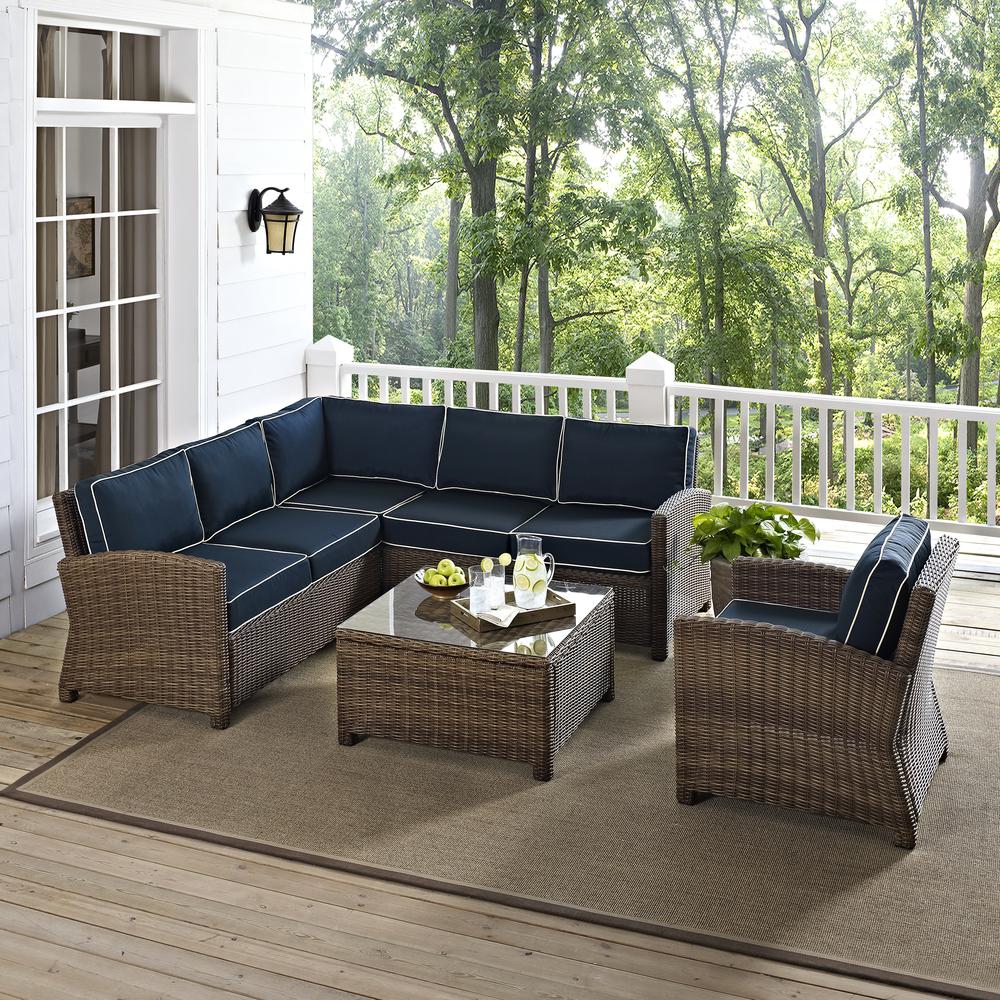 Bradenton 5Pc Outdoor Wicker Sectional Set Navy/Weathered Brown - Right Side Loveseat, Left Side Loveseat, Corner Chair, Arm Chair, Sectional Glass Top Coffee Table. Picture 26