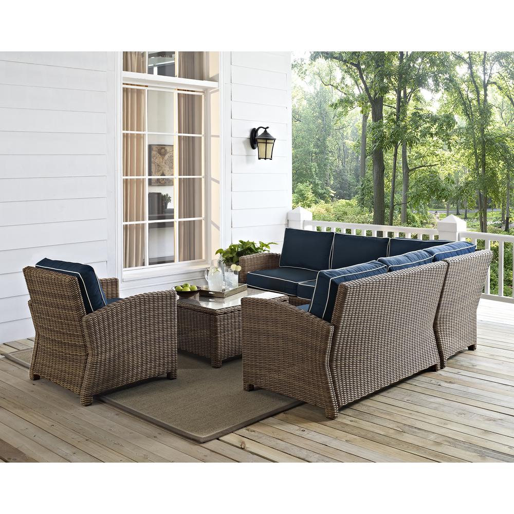 Bradenton 5Pc Outdoor Wicker Sectional Set Navy/Weathered Brown - Right Side Loveseat, Left Side Loveseat, Corner Chair, Arm Chair, Sectional Glass Top Coffee Table. Picture 27