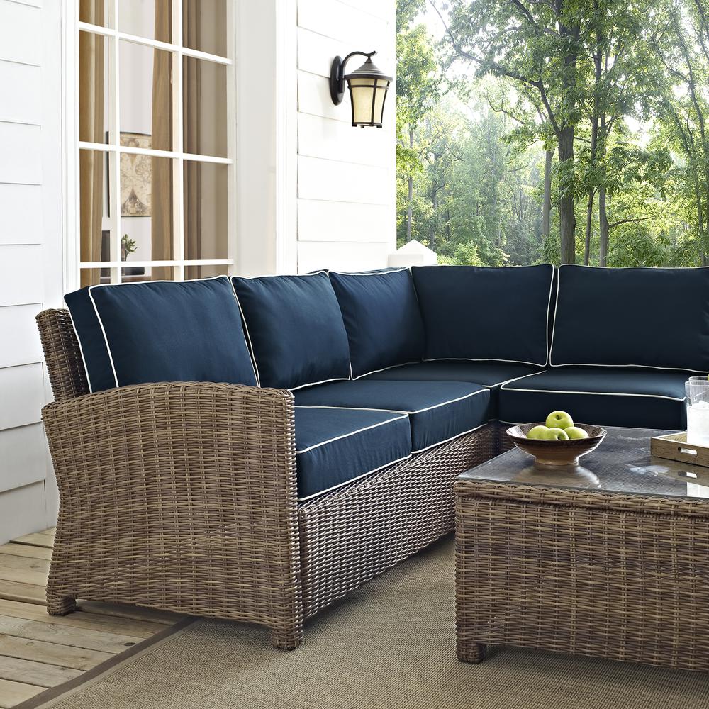 Bradenton 5Pc Outdoor Wicker Sectional Set Navy/Weathered Brown - Right Side Loveseat, Left Side Loveseat, Corner Chair, Arm Chair, Sectional Glass Top Coffee Table. Picture 28