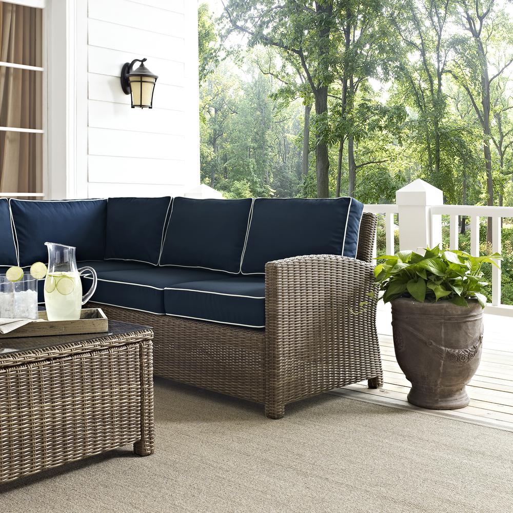 Bradenton 5Pc Outdoor Wicker Sectional Set Navy/Weathered Brown - Right Side Loveseat, Left Side Loveseat, Corner Chair, Arm Chair, Sectional Glass Top Coffee Table. Picture 29