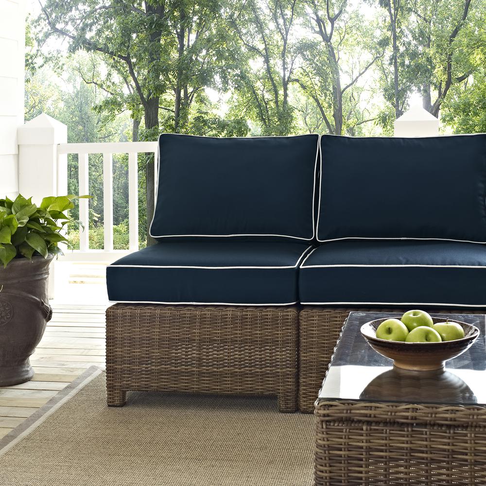 Bradenton 5Pc Outdoor Wicker Sectional Set Navy/Weathered Brown - Right Side Loveseat, Left Side Loveseat, Corner Chair, Arm Chair, Sectional Glass Top Coffee Table. Picture 31