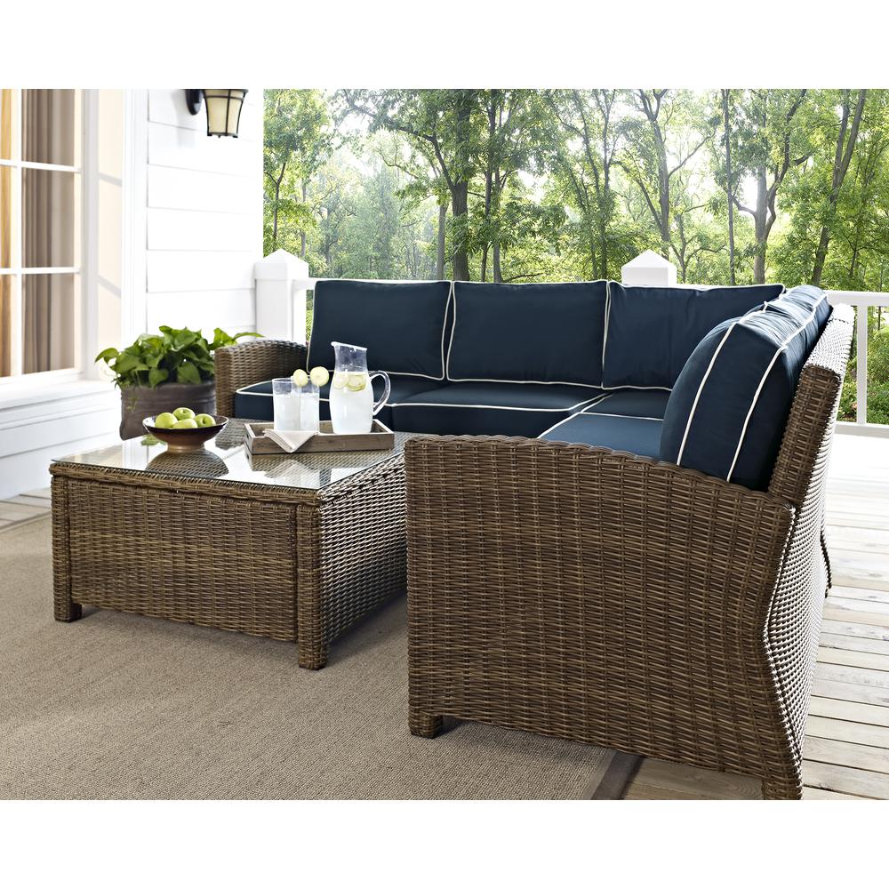 Bradenton 5Pc Outdoor Wicker Sectional Set Navy/Weathered Brown - Right Side Loveseat, Left Side Loveseat, Corner Chair, Arm Chair, Sectional Glass Top Coffee Table. Picture 32