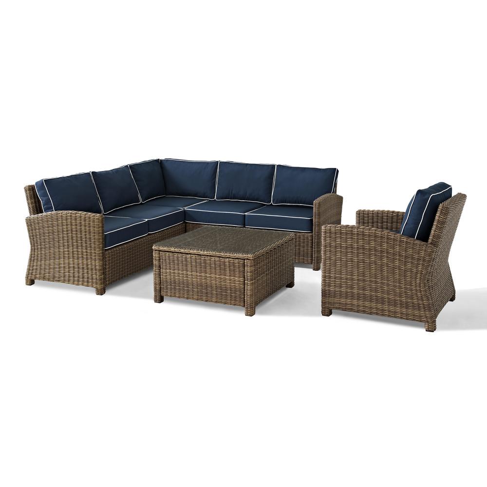 Bradenton 5Pc Outdoor Wicker Sectional Set Navy/Weathered Brown - Right Side Loveseat, Left Side Loveseat, Corner Chair, Arm Chair, Sectional Glass Top Coffee Table. The main picture.