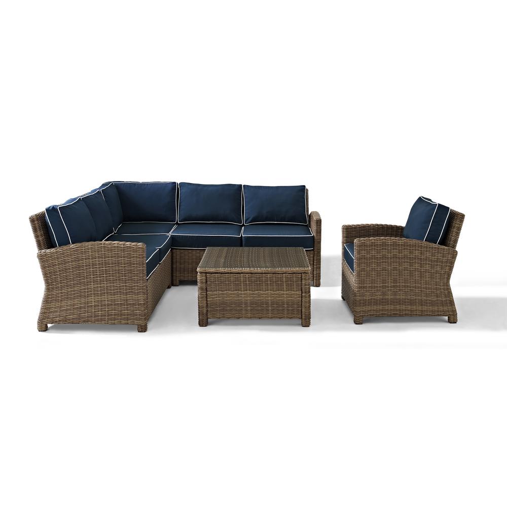 Bradenton 5Pc Outdoor Wicker Sectional Set Navy/Weathered Brown - Right Side Loveseat, Left Side Loveseat, Corner Chair, Arm Chair, Sectional Glass Top Coffee Table. Picture 33