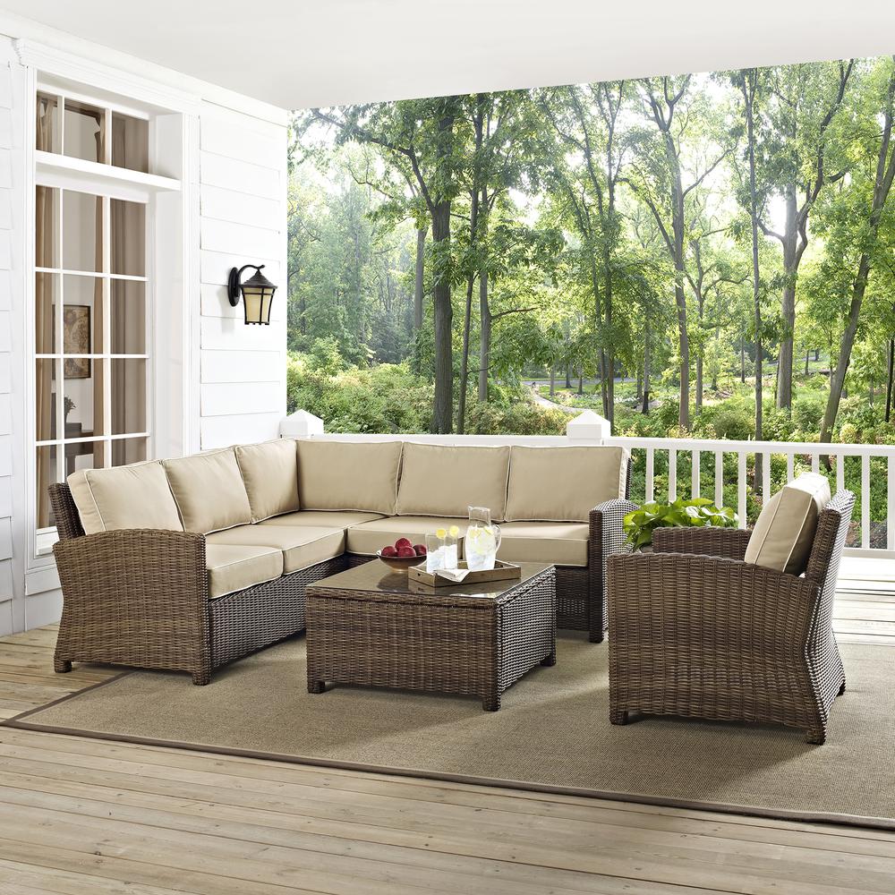 Bradenton 5Pc Outdoor Wicker Sectional Set Sand/Weathered Brown - Right Side Loveseat, Left Side Loveseat, Corner Chair, Arm Chair, Sectional Glass Top Coffee Table. Picture 26