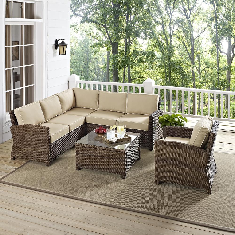 Bradenton 5Pc Outdoor Wicker Sectional Set Sand/Weathered Brown - Right Side Loveseat, Left Side Loveseat, Corner Chair, Arm Chair, Sectional Glass Top Coffee Table. Picture 27
