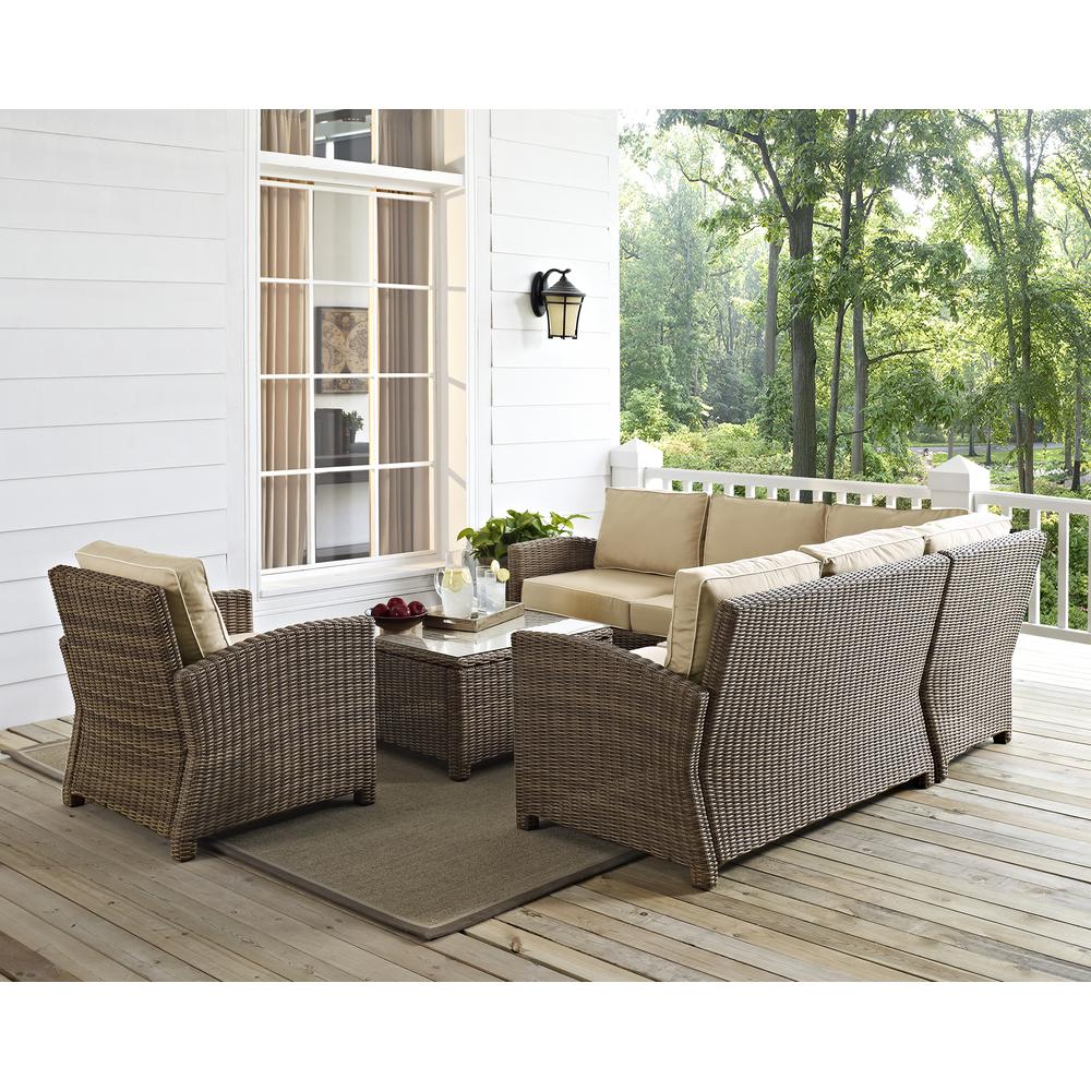 Bradenton 5Pc Outdoor Wicker Sectional Set Sand/Weathered Brown - Right Side Loveseat, Left Side Loveseat, Corner Chair, Arm Chair, Sectional Glass Top Coffee Table. Picture 28