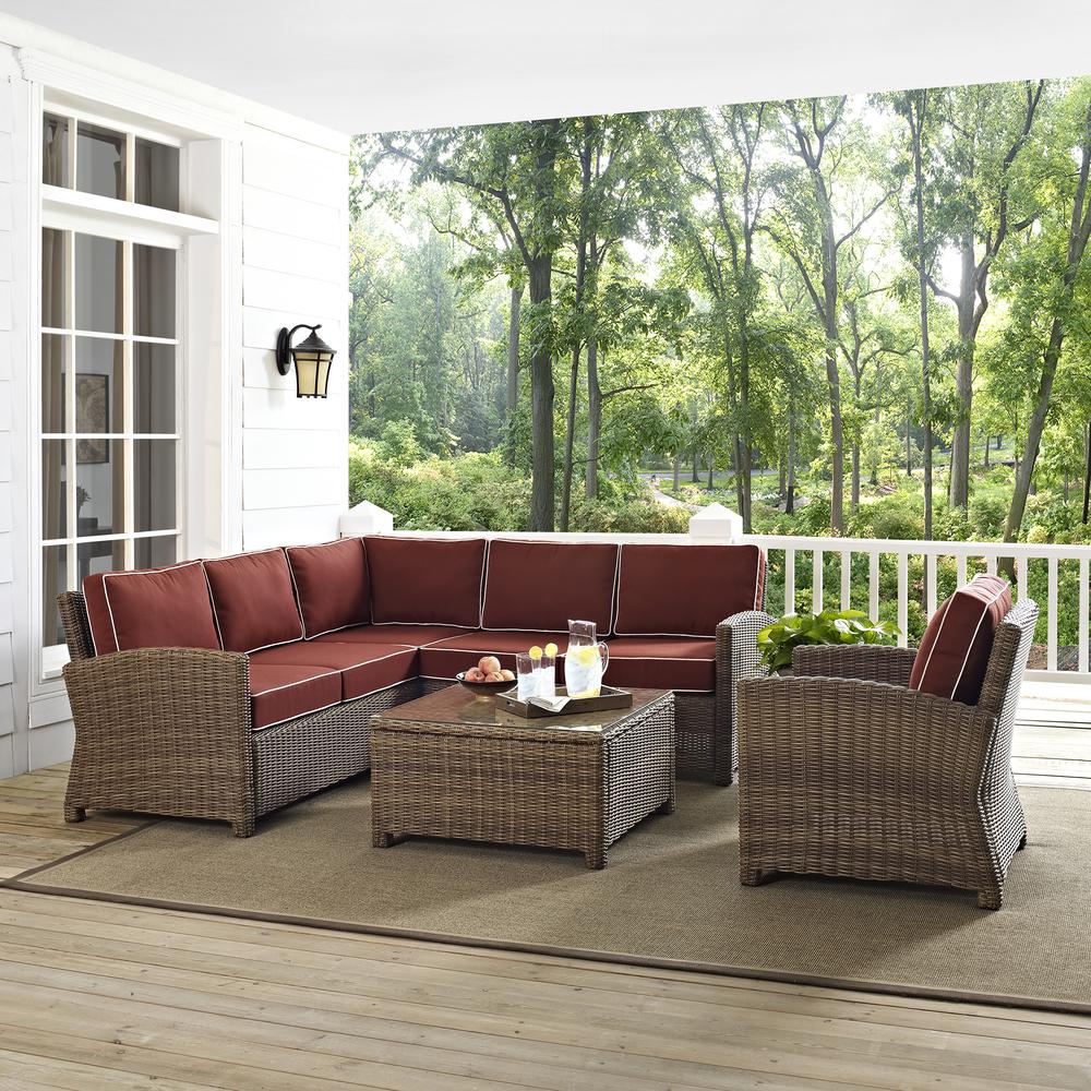 Bradenton 5Pc Outdoor Wicker Sectional Set Sangria/Weathered Brown - Right Side Loveseat, Left Side Loveseat, Corner Chair, Arm Chair, Sectional Glass Top Coffee Table. Picture 27
