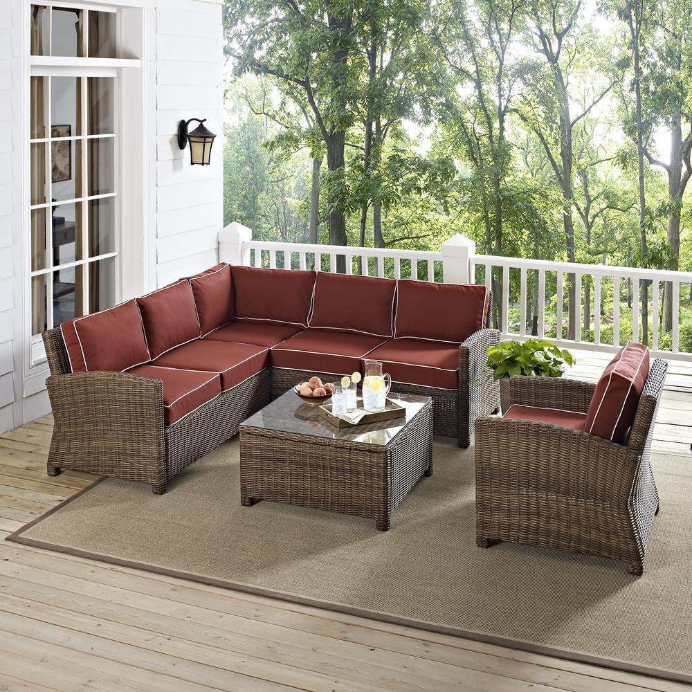Bradenton 5Pc Outdoor Wicker Sectional Set Sangria/Weathered Brown - Right Side Loveseat, Left Side Loveseat, Corner Chair, Arm Chair, Sectional Glass Top Coffee Table. Picture 28