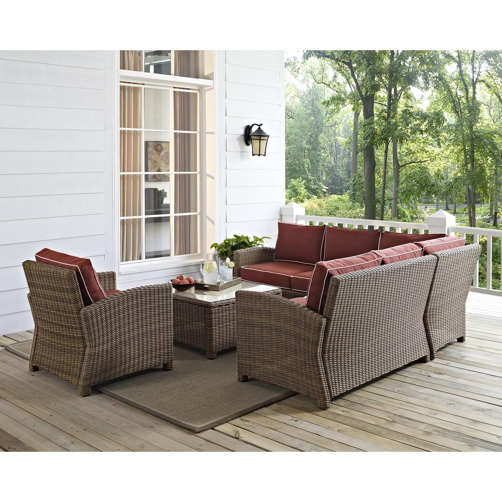 Bradenton 5Pc Outdoor Wicker Sectional Set Sangria/Weathered Brown - Right Side Loveseat, Left Side Loveseat, Corner Chair, Arm Chair, Sectional Glass Top Coffee Table. Picture 29
