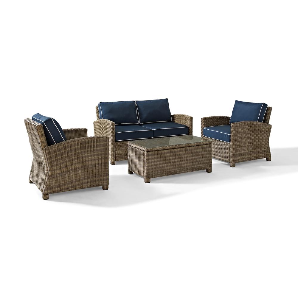 Bradenton 4Pc Outdoor Wicker Conversation Set Navy/Weathered Brown - Loveseat, 2 Arm Chairs, Glass Top Table. Picture 1