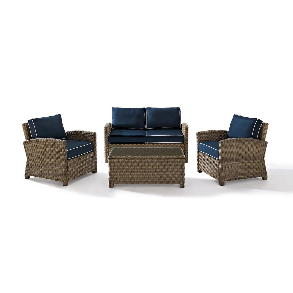 Bradenton 4Pc Outdoor Wicker Conversation Set Navy/Weathered Brown - Loveseat, 2 Arm Chairs, Glass Top Table. Picture 16