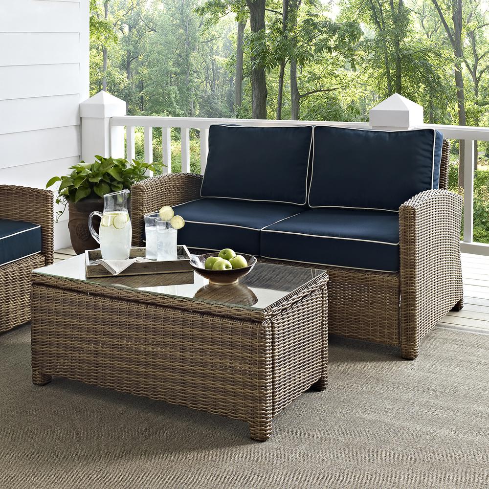 Bradenton 2Pc Outdoor Wicker Chat Set Navy/Weathered Brown - Loveseat, Glass Top Table. Picture 11