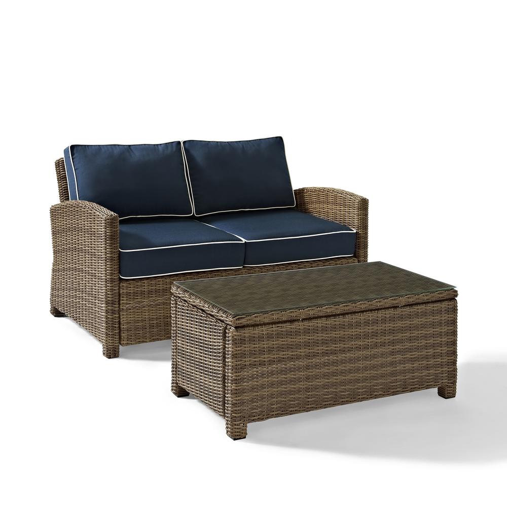 Bradenton 2Pc Outdoor Wicker Chat Set Navy/Weathered Brown - Loveseat, Glass Top Table. The main picture.