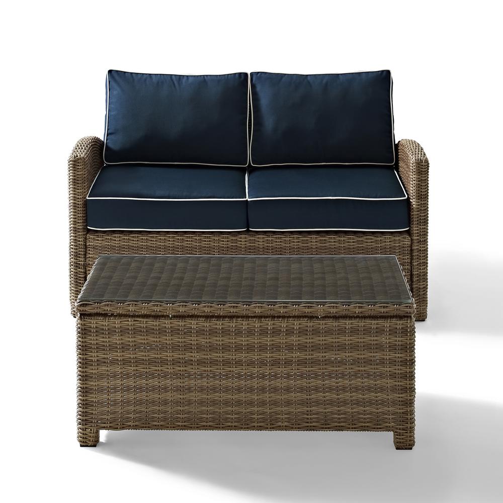 Bradenton 2Pc Outdoor Wicker Chat Set Navy/Weathered Brown - Loveseat, Glass Top Table. Picture 12