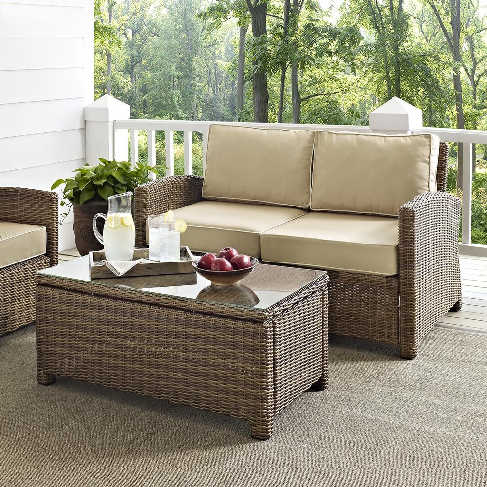 Bradenton 2Pc Outdoor Wicker Chat Set Sand/Weathered Brown - Loveseat, Glass Top Table. Picture 9