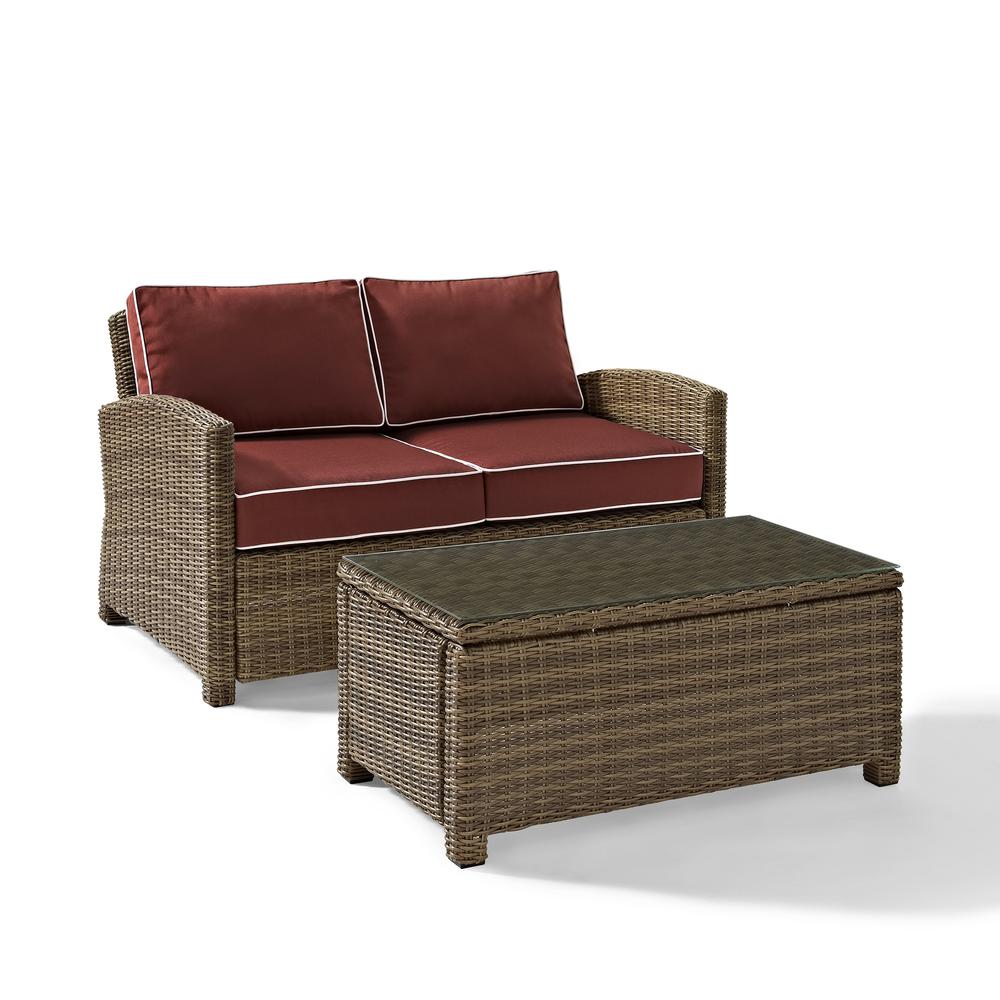 Bradenton 2Pc Outdoor Wicker Chat Set Sangria/Weathered Brown - Loveseat, Glass Top Table. Picture 1