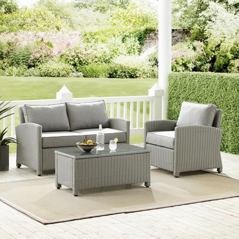 Bradenton 3Pc Outdoor Wicker Conversation Set Gray/Gray - Loveseat, Arm Chair, Glass Top Table. Picture 2