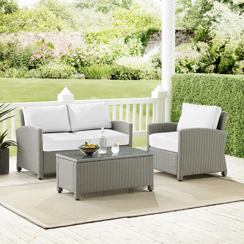 Bradenton 3Pc Outdoor Conversation Set - Sunbrella White/Gray - Loveseat, Arm Chair, & Coffee Table. Picture 1