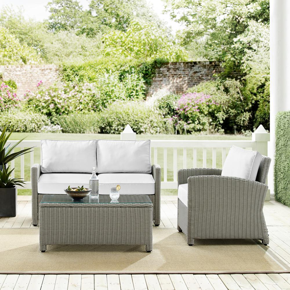 Bradenton 3Pc Outdoor Conversation Set - Sunbrella White/Gray - Loveseat, Arm Chair, & Coffee Table. Picture 2